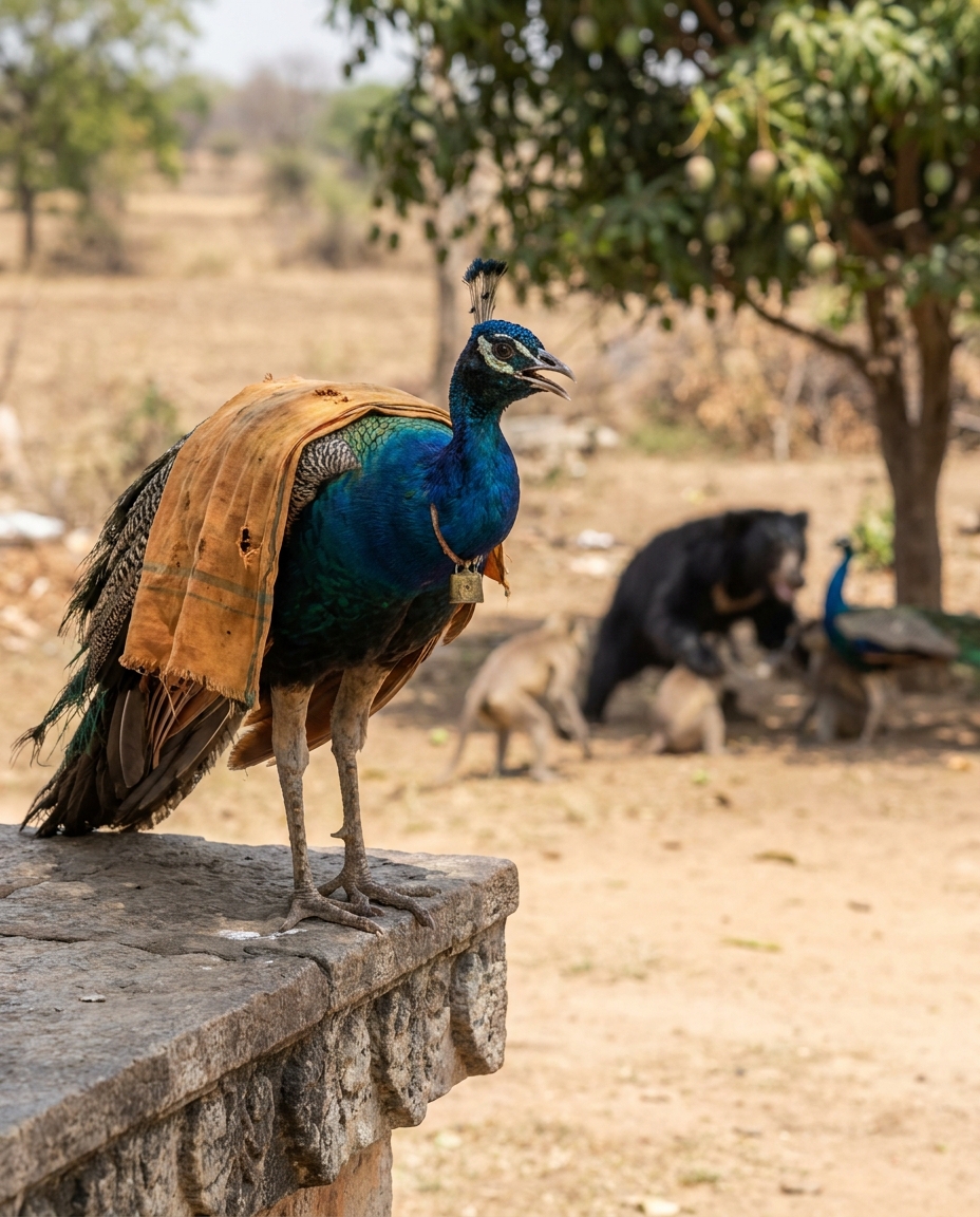 Auntie Rukmini, temple peacock, as interviewed by Webster